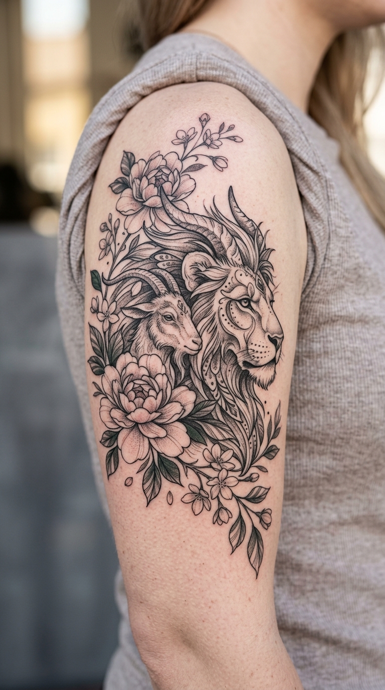 Chimäre mit Blütenranken als florales Tattoo für den Oberarm