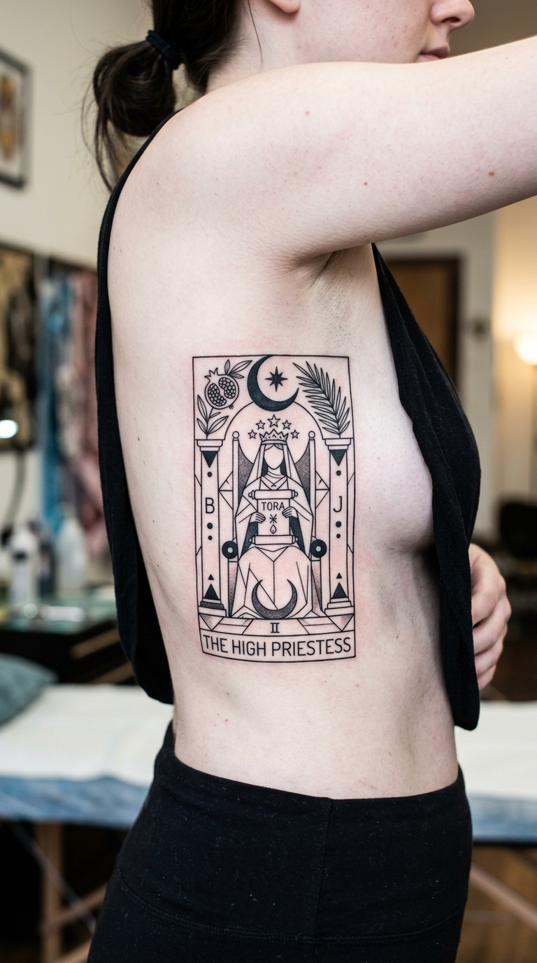 Die Hohepriesterin als Tarot Tattoo Idee für die Rippen