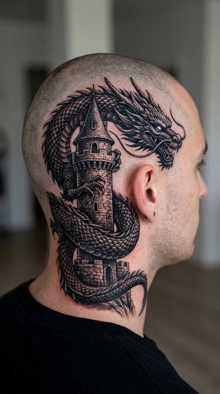 Drache und Turm als 3D Tattoo für den Kopf