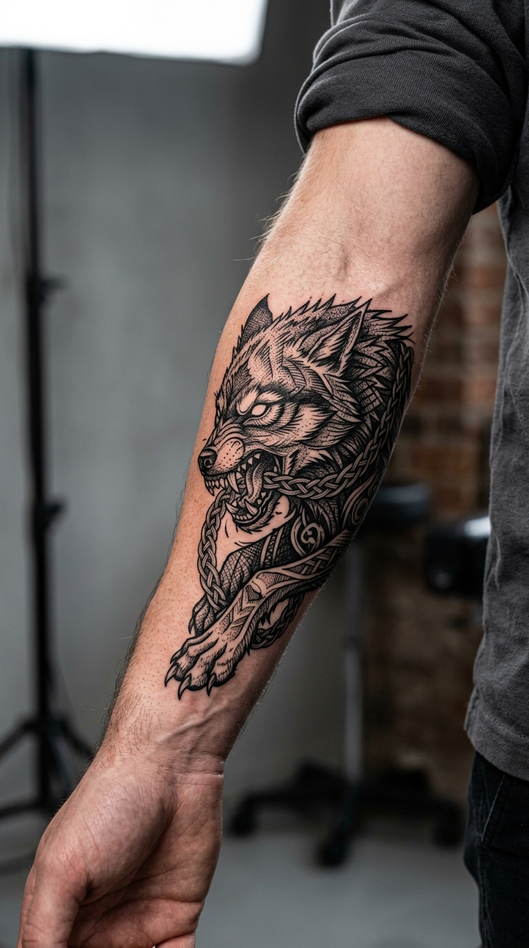 Fenrir der Wolfsgott als kreuz und quer Tattoo auf dem Arm
