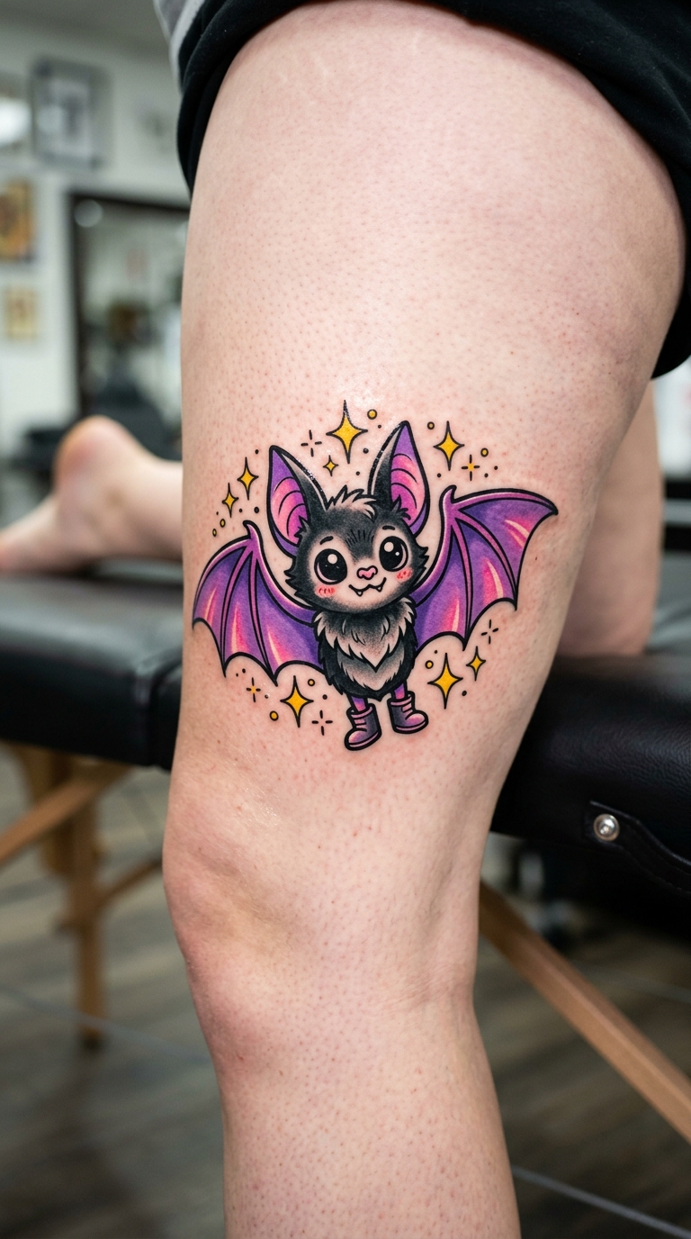Fledermaus als verspieltes Comic Tattoo für das Bein