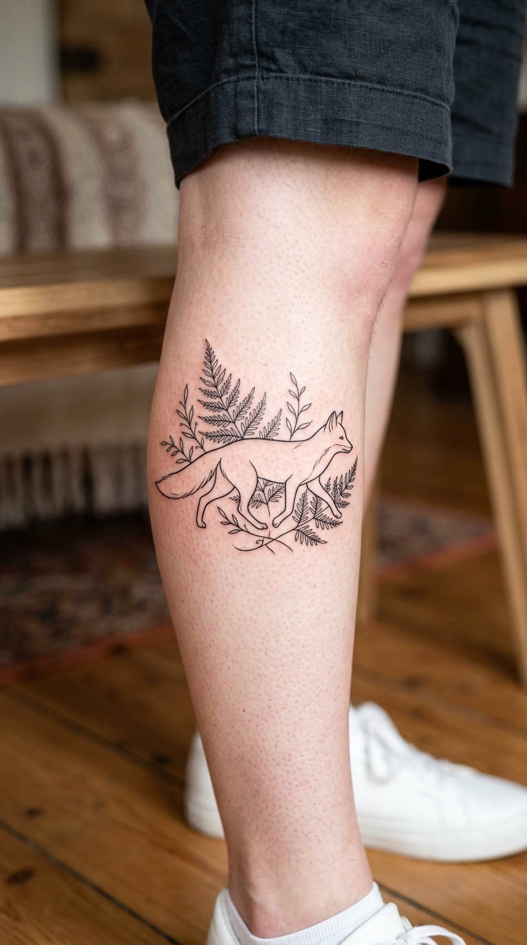 Fuchs zwischen Farnen als Fineline Tattoo für das Bein