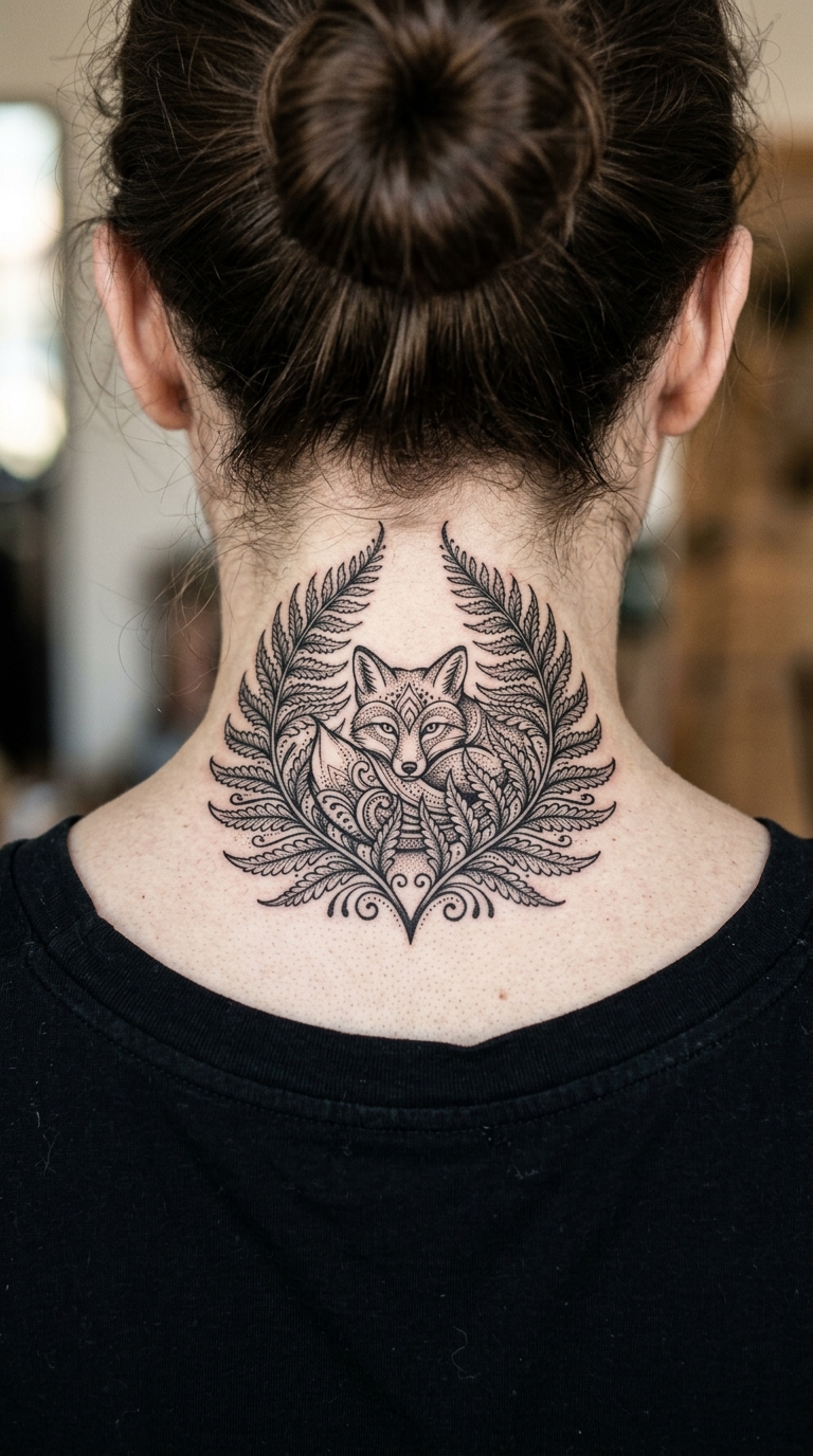 Fuchs zwischen Farnen als Henna Tattoo für den Nacken