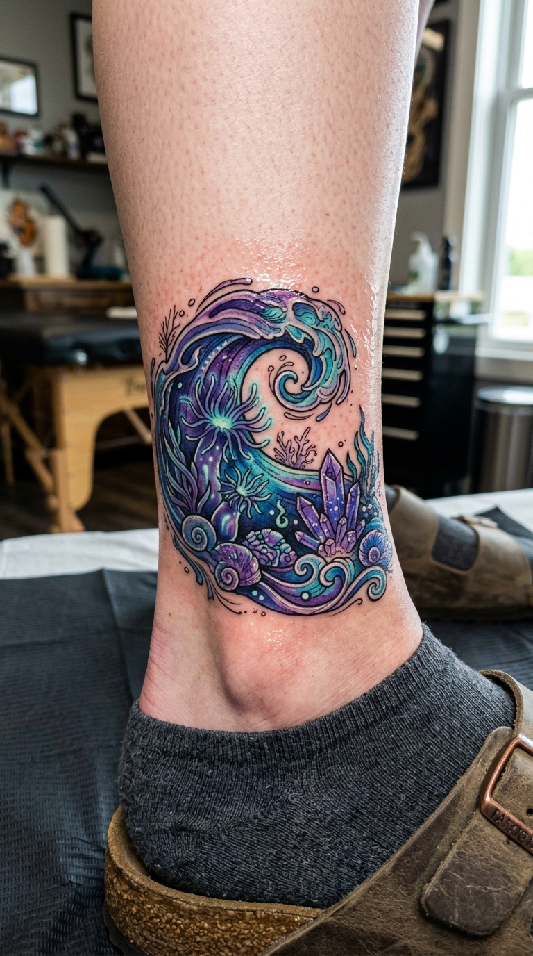 Gezeitenbecken als mystisches Fantasy Tattoo für den Knöchel