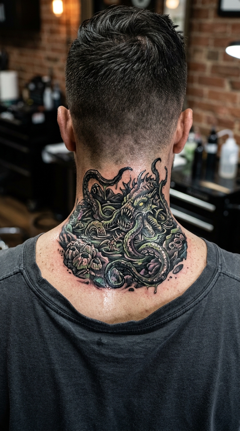 Gezeitentümpel als Horror Tattoo Idee für den Nacken