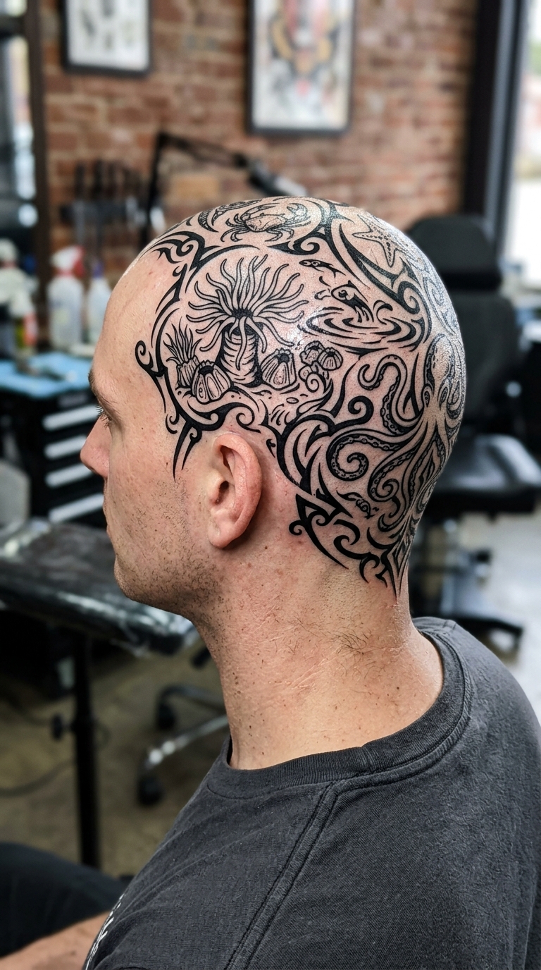 Gezeitentümpel als Tribal Tattoo Idee für den Kopf