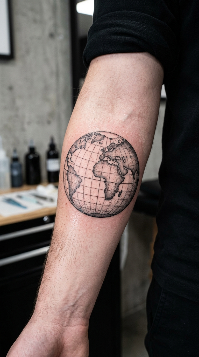 Globus mit Koordinaten als Dotwork Tattoo für den Arm