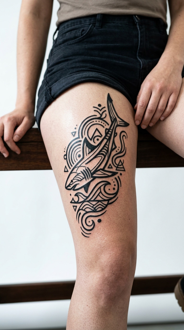 Hai in der Tiefsee als Zeichen und Symbol Tattoo für den Oberschenkel