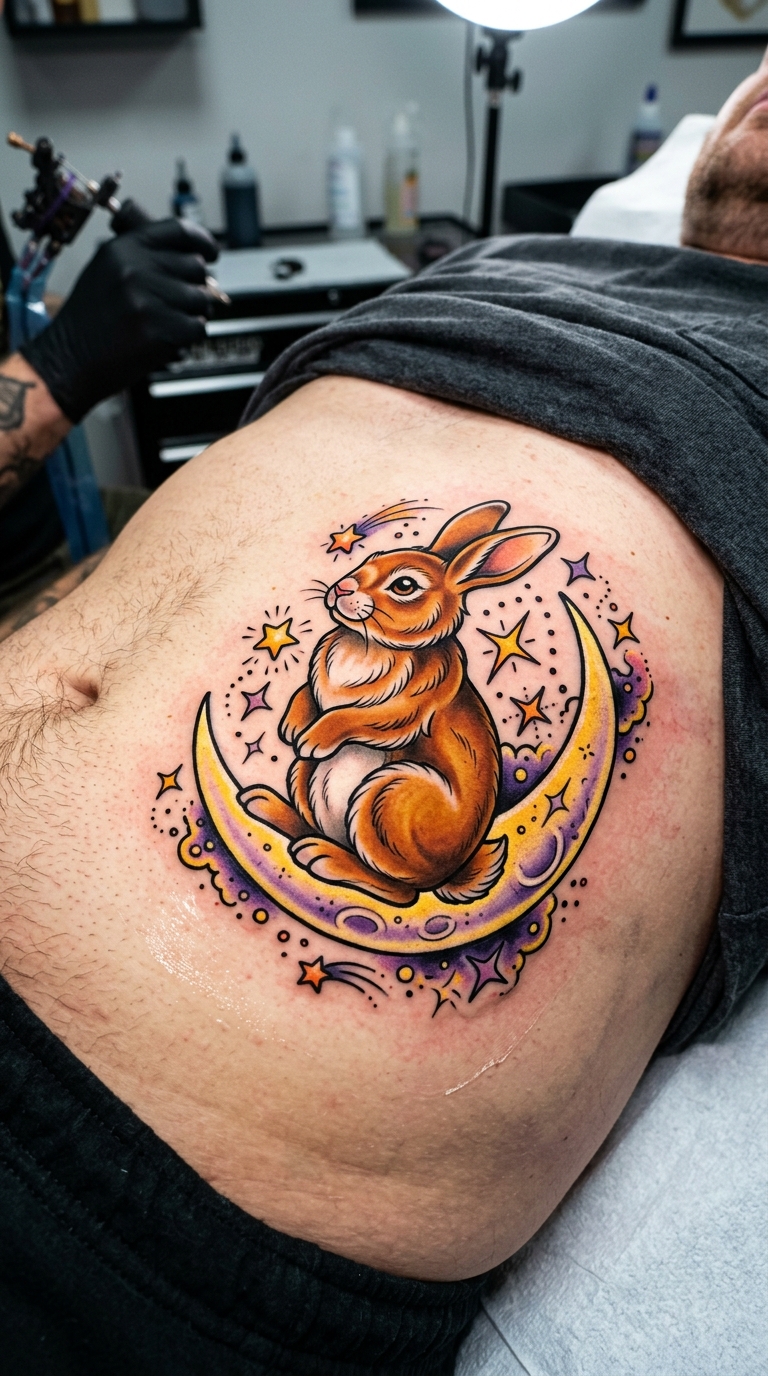 Hase auf dem Mond als Oldschool und Newschool Tattoo für den Bauch