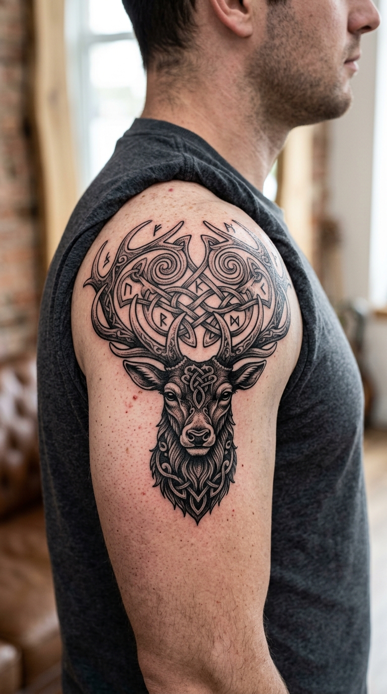 Hirsch mit Runenkrone als Wikinger und Celtic Tattoo für die Schulter