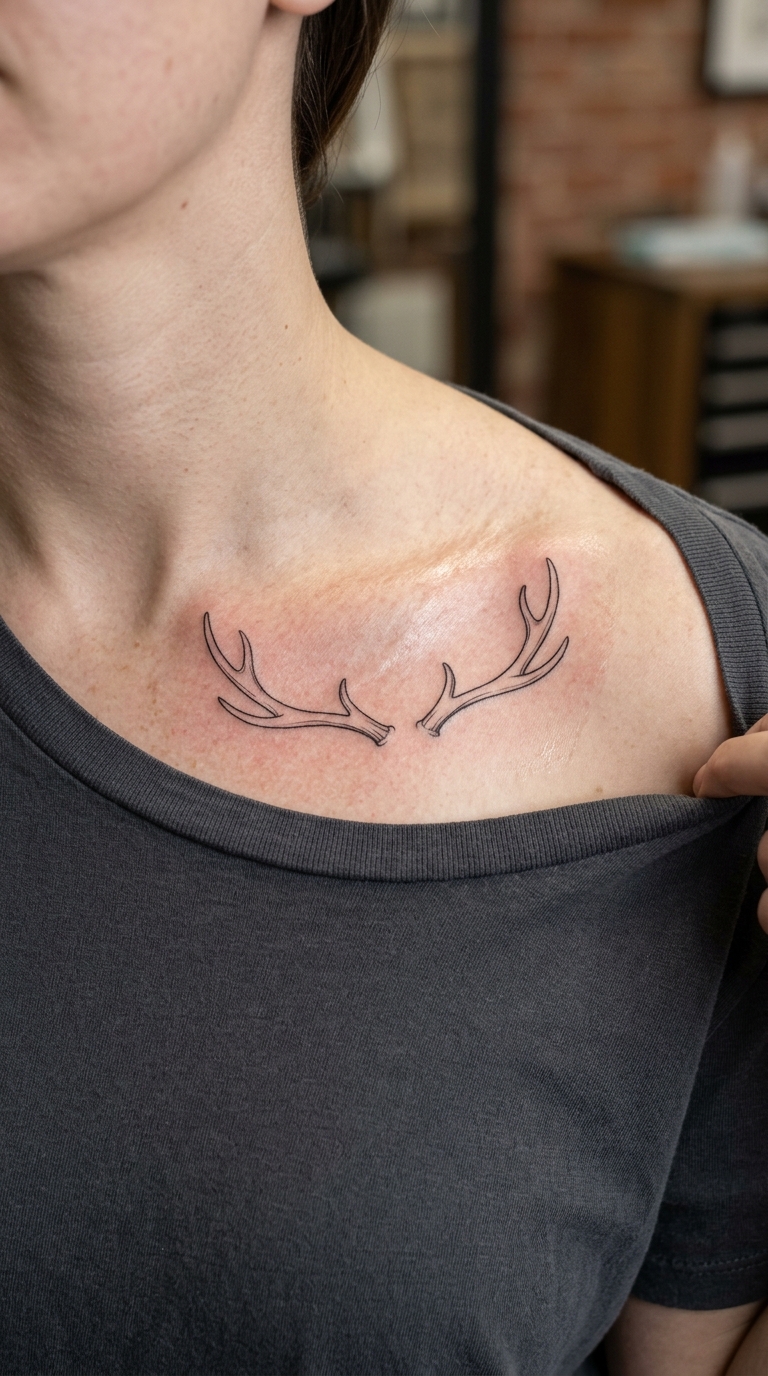 Hirschgeweih als dezentes Tattoo für das Schlüsselbein