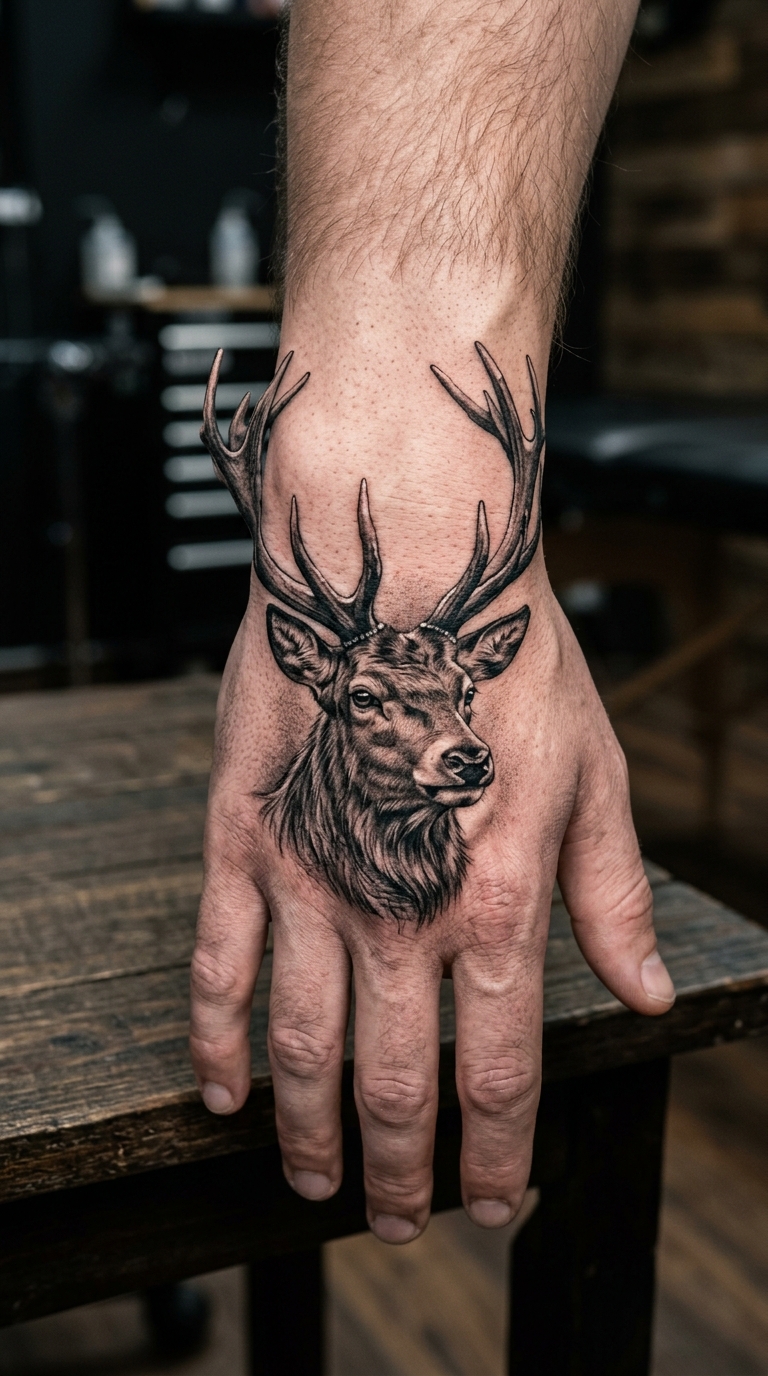 Hirschkopf als 3D Tattoo für die Hand