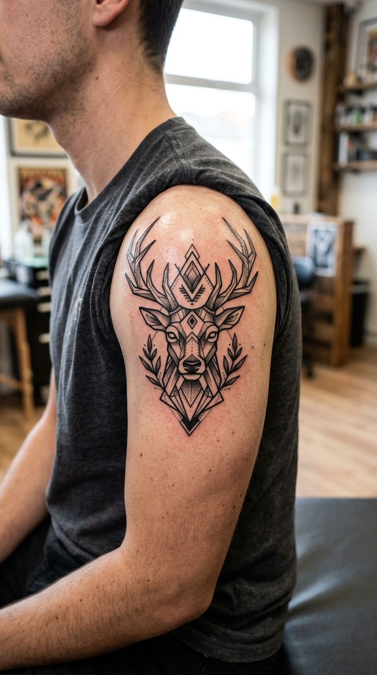 Hirschkopf mit Winkeln als geometrische Tattoo Vorlage für die Schulter