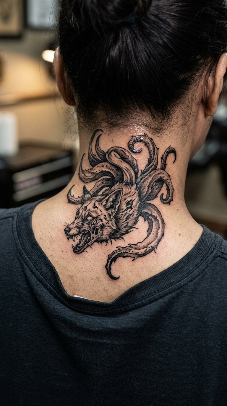 Horror Tattoo Vorlage Kitsune Dämon im Nacken