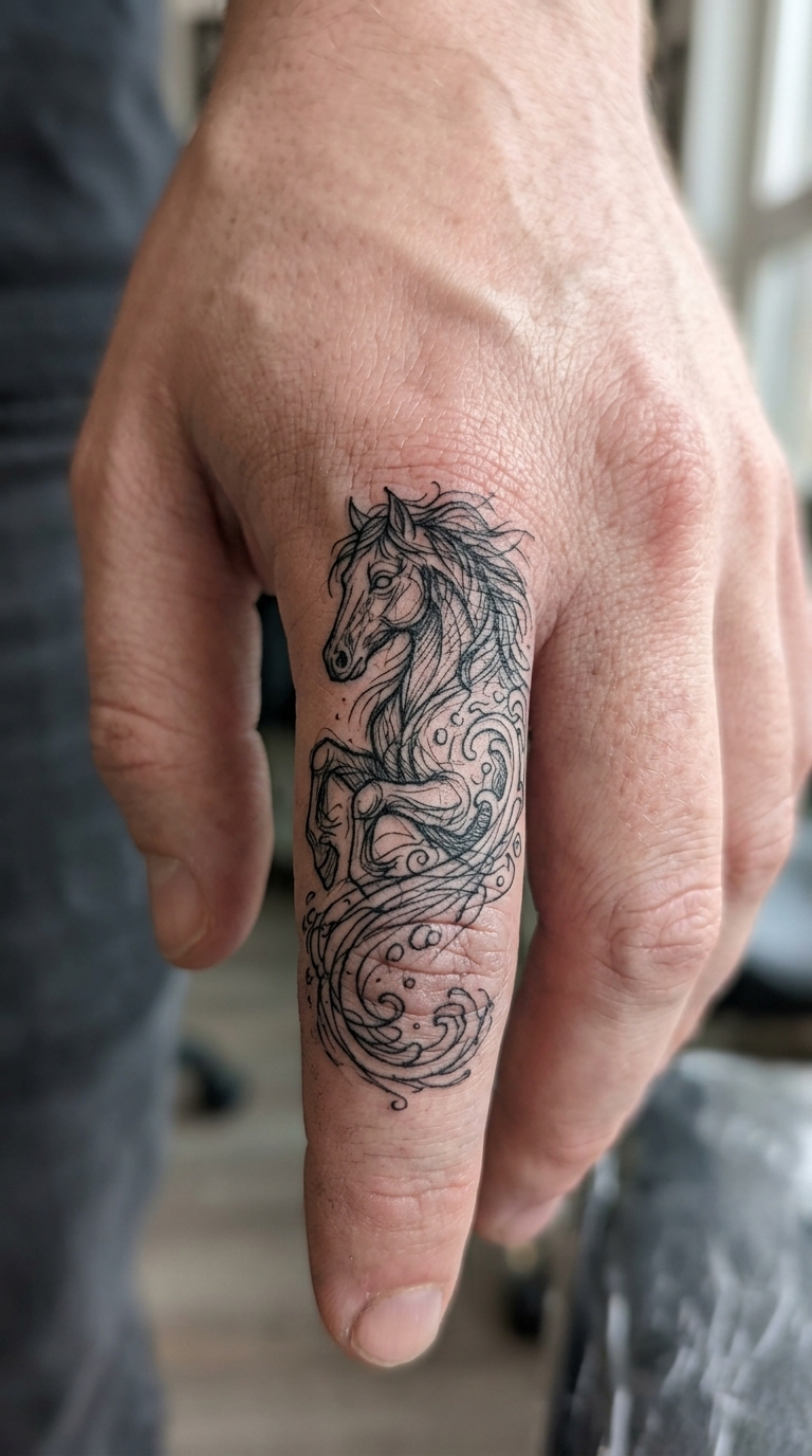 Kelpie im Wasser Tattoo Idee für den Finger