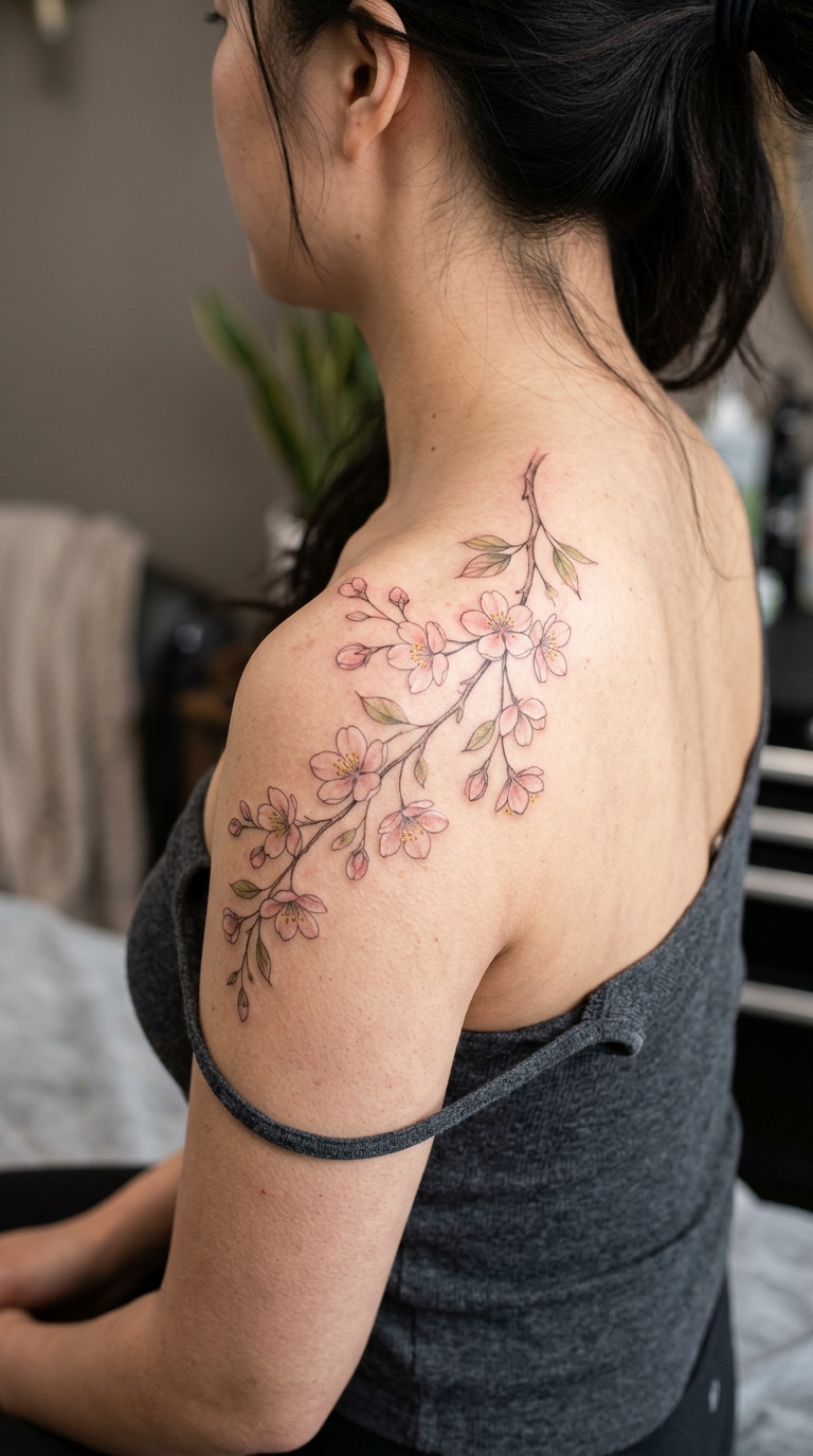 Kirschblütenzweig als filigranes florales Tattoo für die Schulter