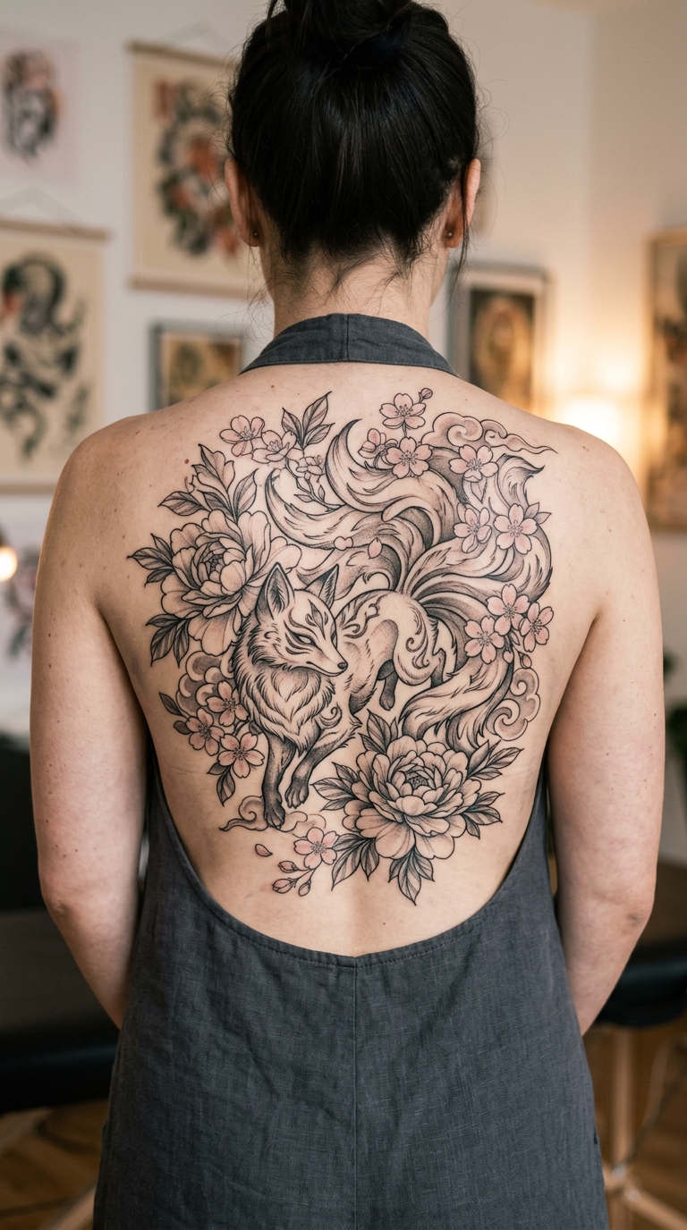 Kitsune Fuchs und Pfingstrosen als florale Tattoo Idee für den Rücken