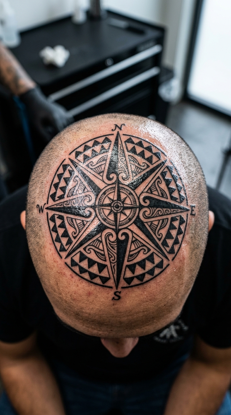 Kompass mit Windrose als Maori Tattoo Idee für den Kopf