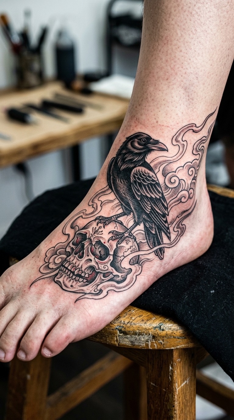 Krähe und Schädel als japanisch gestaltetes Tattoo für den Fuß