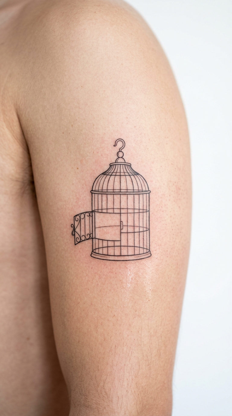 Leerer Vogelkäfig als dezentes Fineline Tattoo für den Oberarm