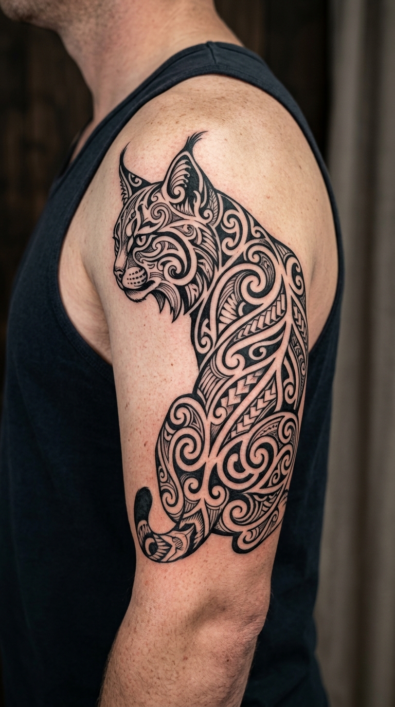 Luchs Tattoo Vorlage im Maori Stil für den Arm