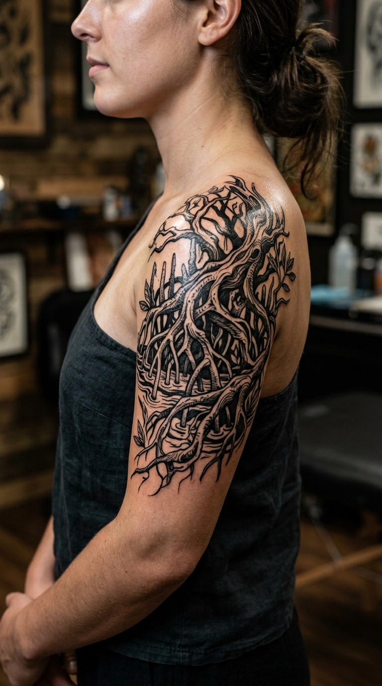 Mangrovenwald als Blackwork Tattoo auf der Schulter
