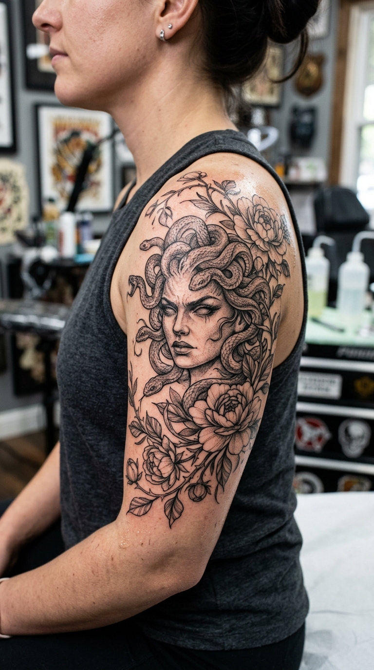 Medusa mit blühenden Ranken als Tattoo Idee für den Arm