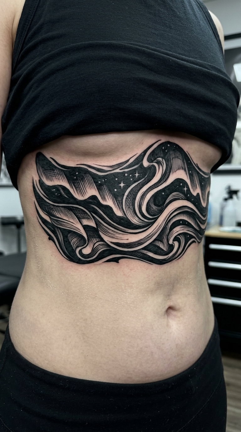 Nordlicht Motiv als Blackwork Tattoo auf dem Bauch