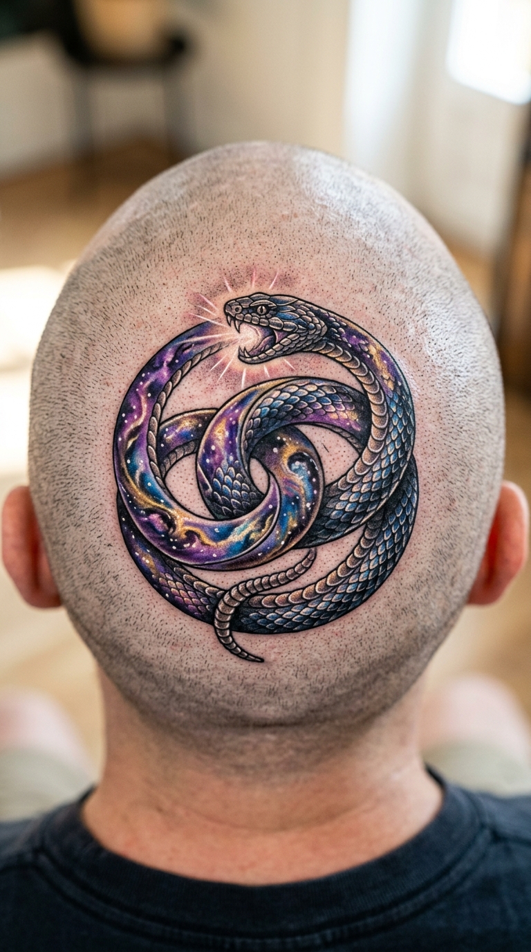 Ouroboros als mystisches Fantasy Tattoo für den Kopf
