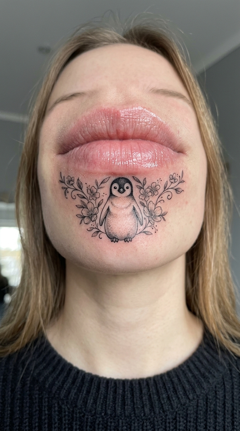 Pinguin als florales Tattoo für die Unterlippe