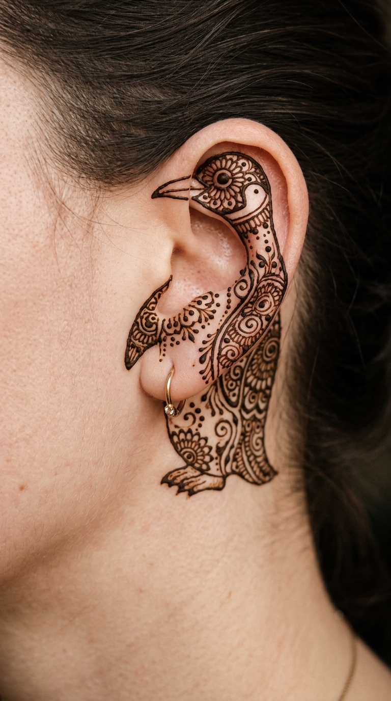 Pinguin als kunstvolles Henna Tattoo für das Ohr