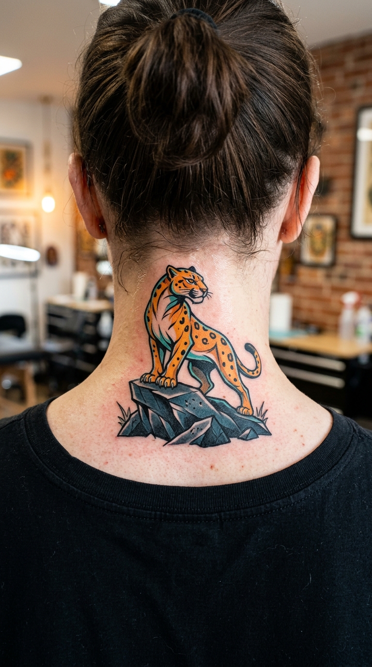 Puma auf Felsen als Comic Tattoo für den Nacken