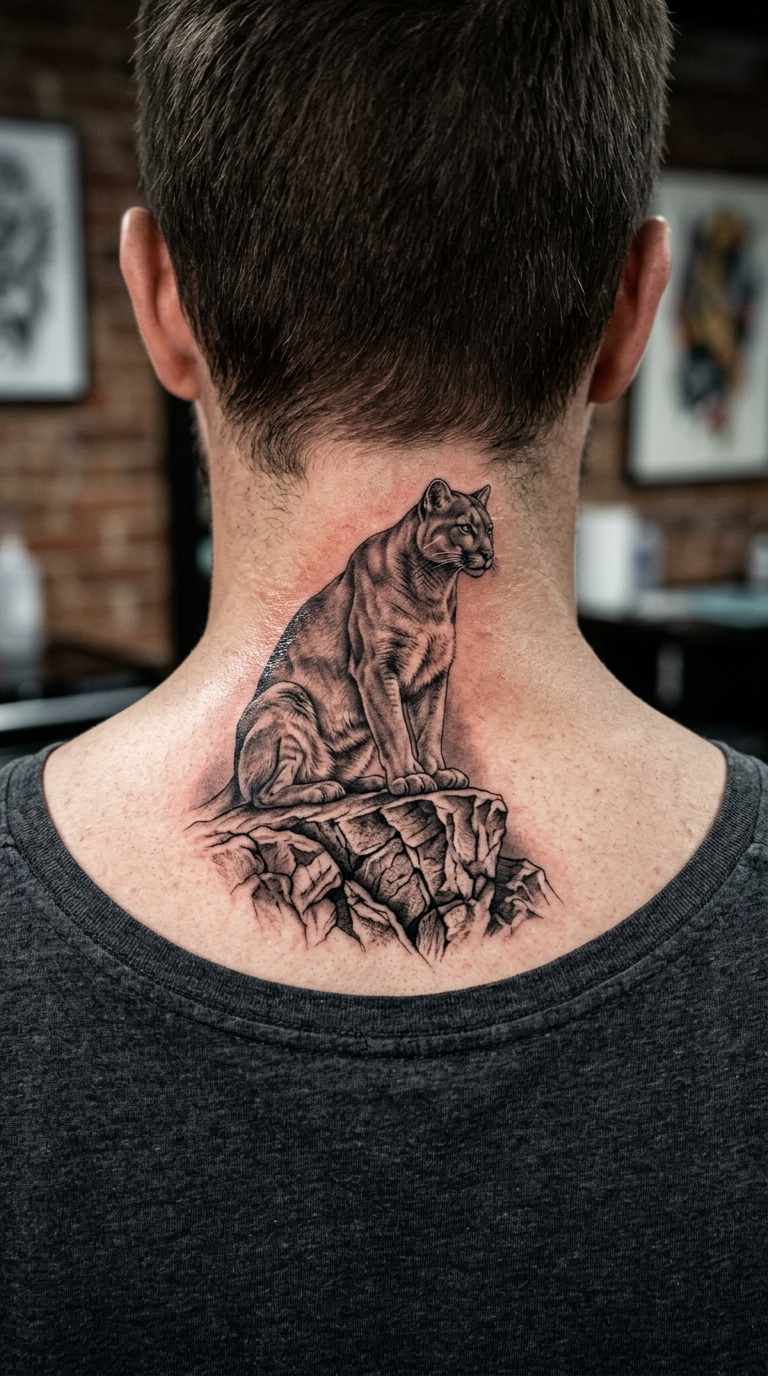 Puma auf Felsen als geschicktes Cover up Tattoo für den Nacken