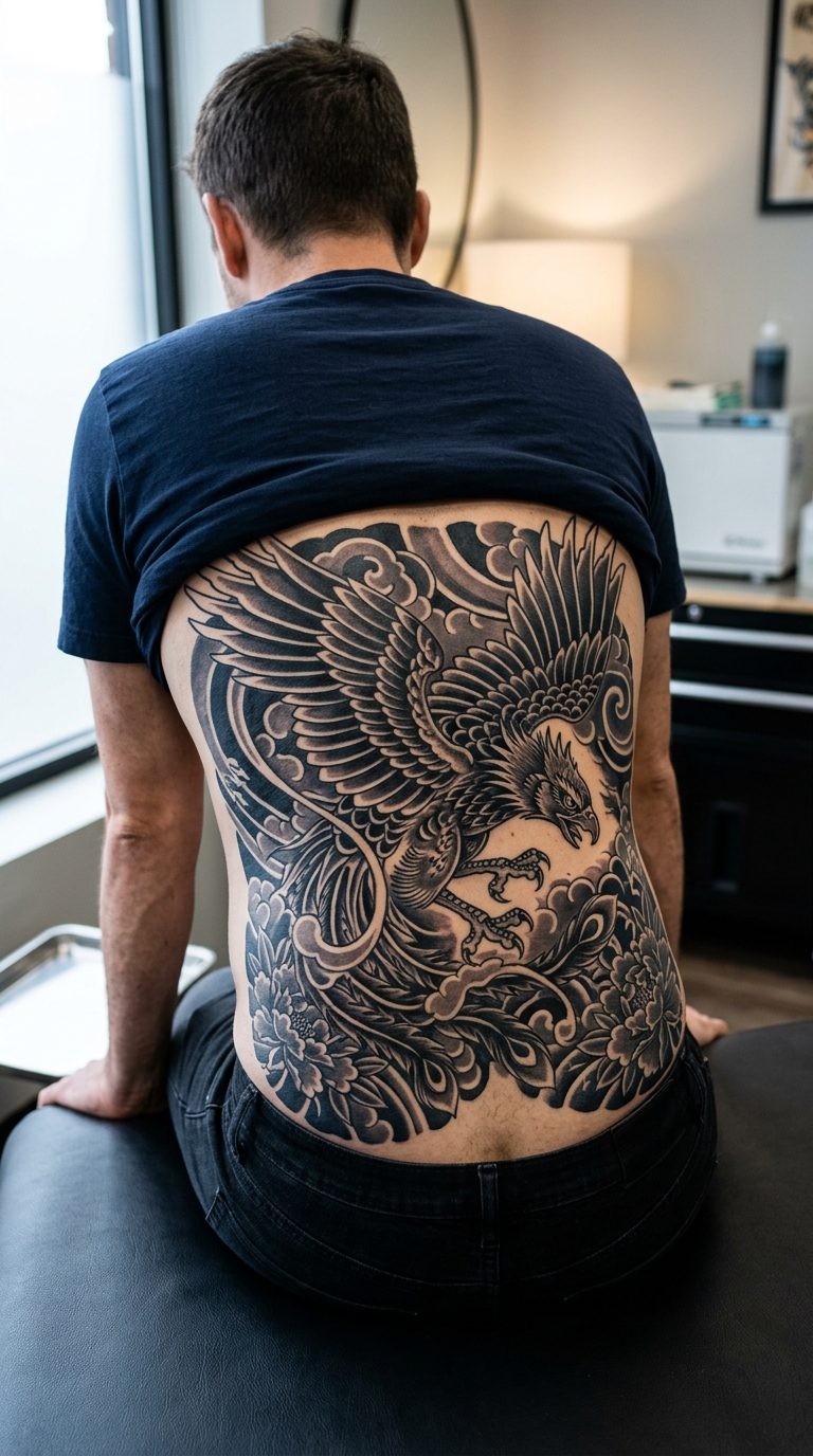 Roc Vogel als japanisches Tattoo für das Steißbein