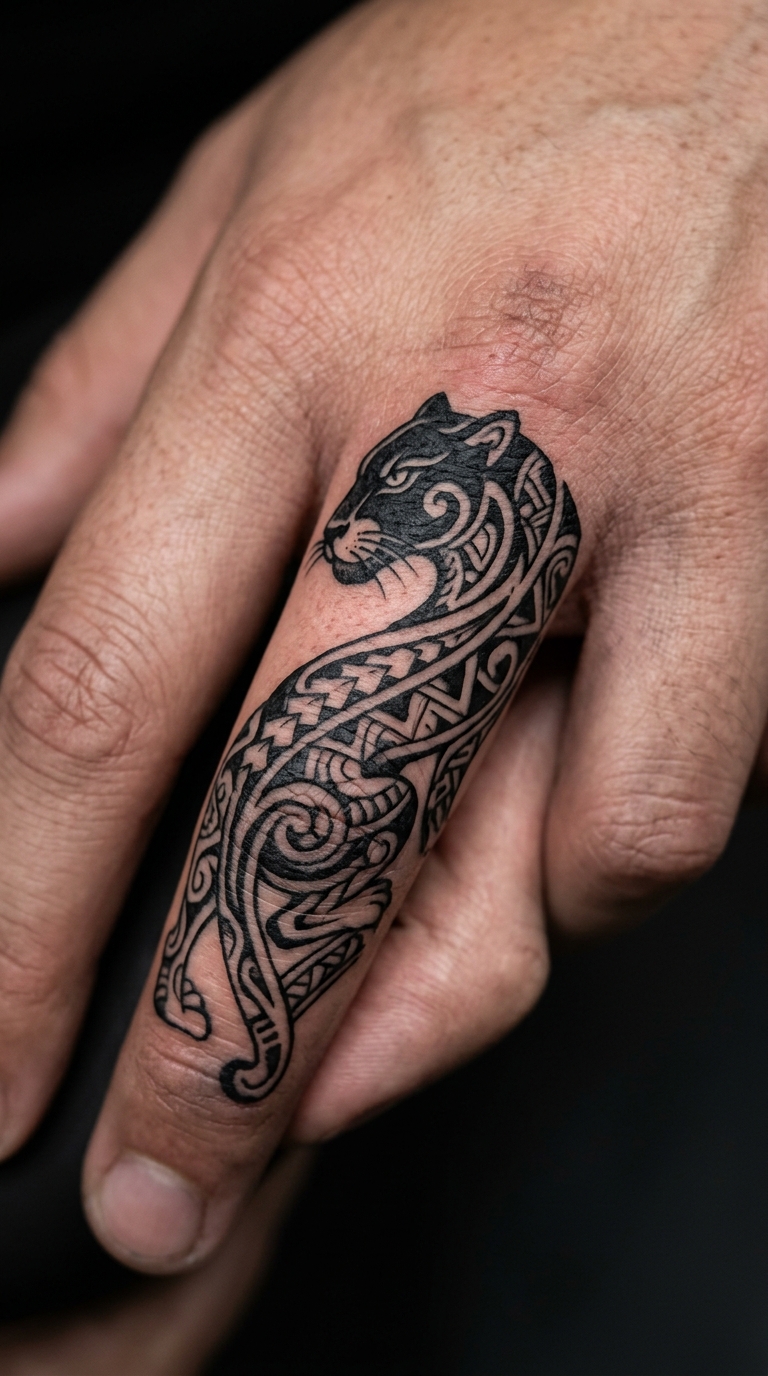Schwarzer Panther Tattoo Vorlage im Maori Stil für den Finger