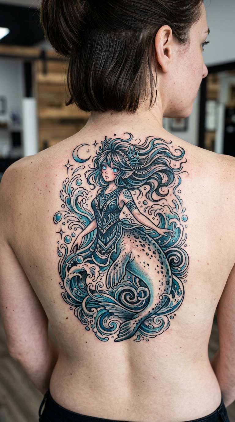 Selkie als geheimnisvolles Anime Tattoo für den Rücken
