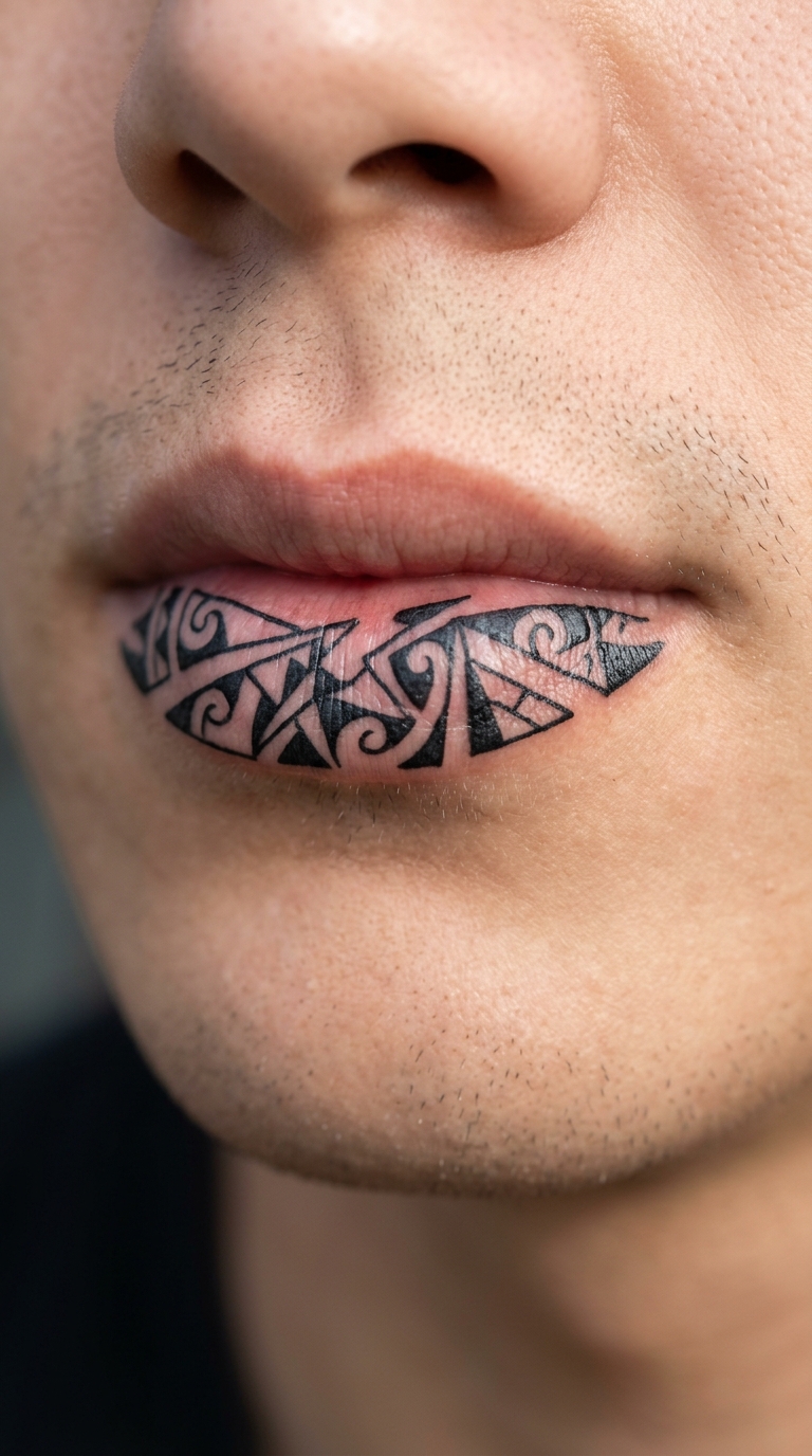 Spiegelscherben als Maori Tattoo Idee für die Unterlippe