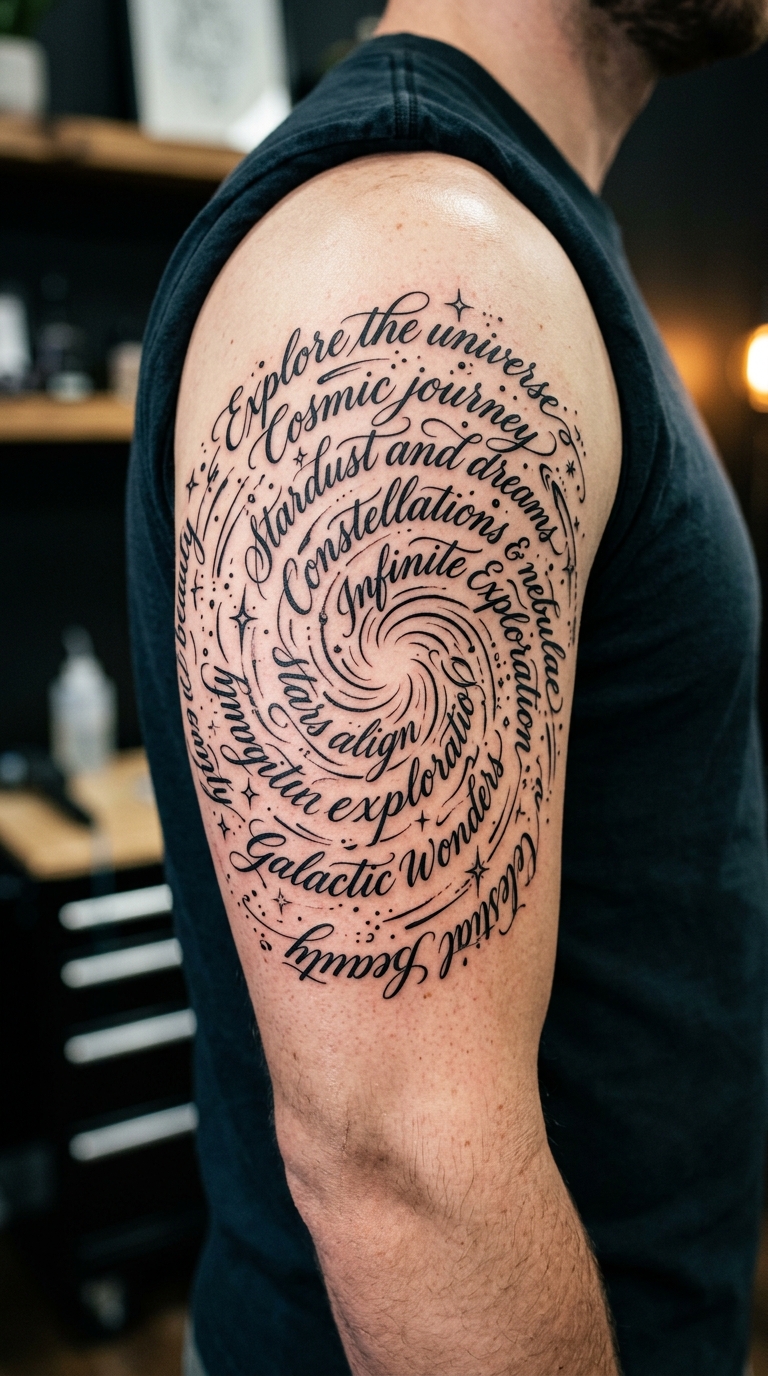 Spiralgalaxie als geschwungenes Schrift Tattoo für den Oberarm