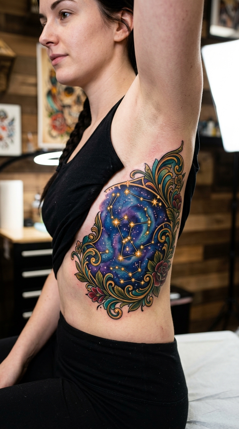 Sternenkarte als Neo Traditional Tattoo für die Rippen