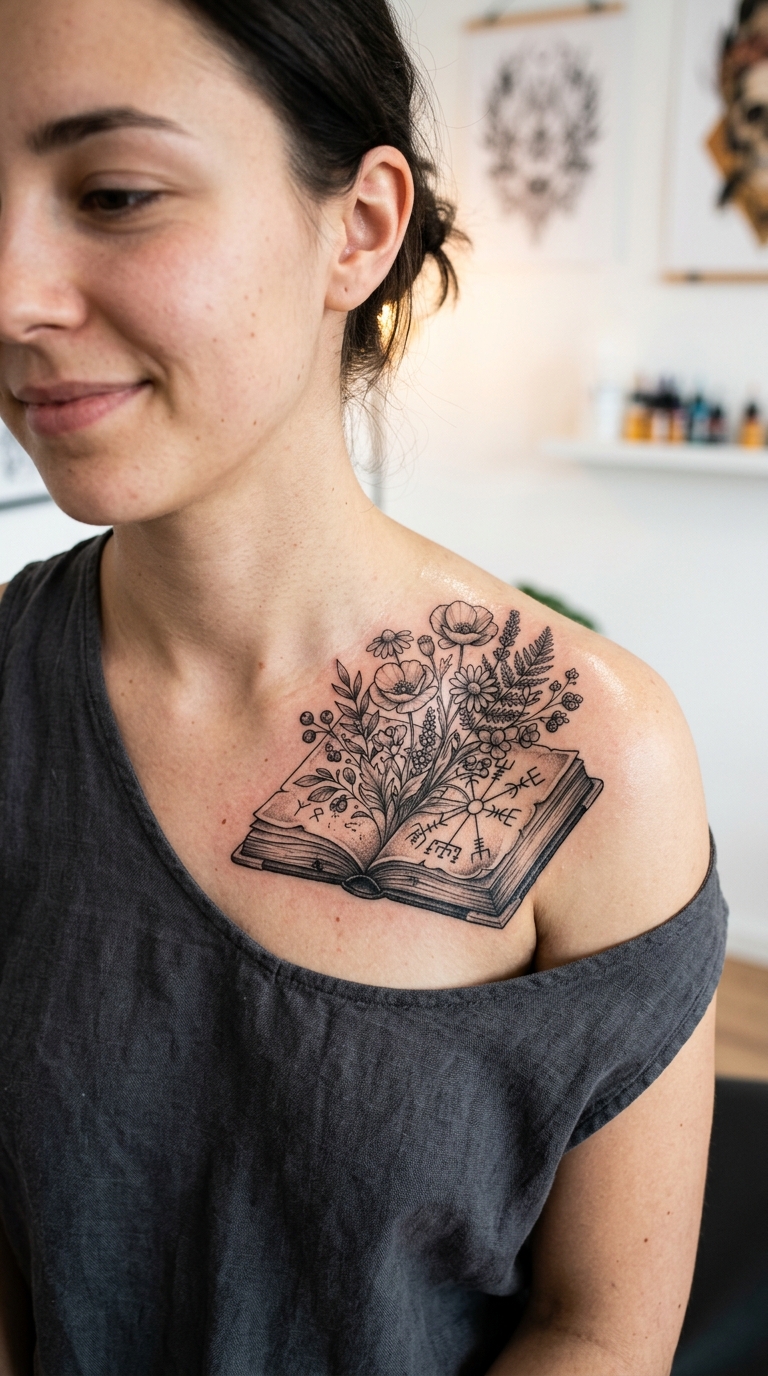 Tattoo Vorlage altes Buch mit floralen Elementen