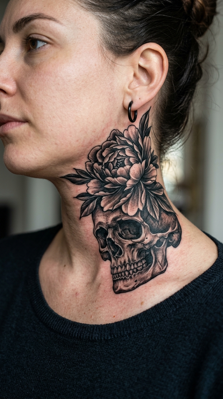 Verbindung von Leben und Tod als Cover up Tattoo am Hals