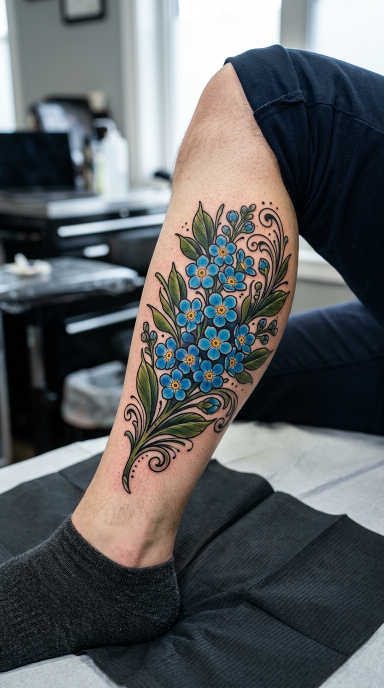 Vergissmeinnicht als florales Neo Traditional Tattoo für das Bein