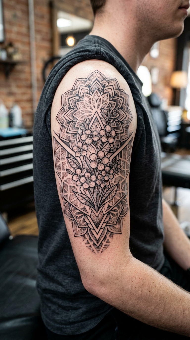 Vergissmeinnicht als geometrisches Tattoo für den Arm