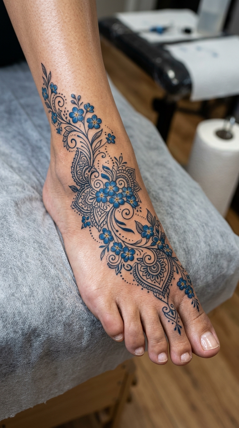 Vergissmeinnicht Tattoo Vorlage im Henna Stil für den Fuß