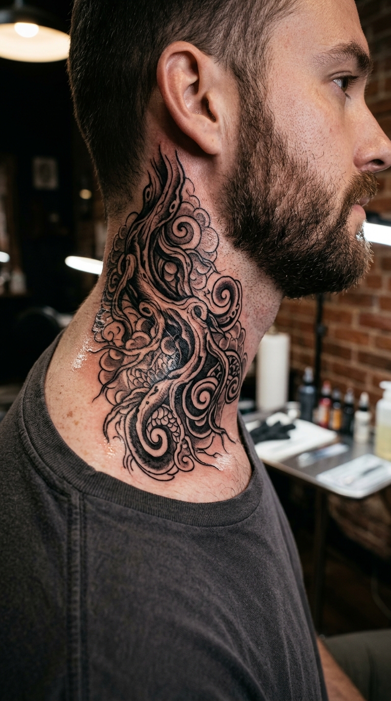 Verzweigte Baumwurzeln als japanisches Tattoo für den Hals