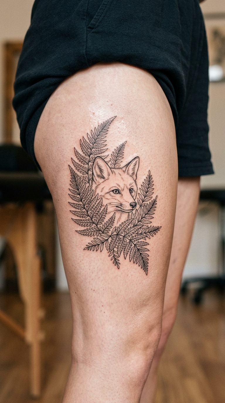 Waldtier im Farn als Fineline Tattoo für den Oberschenkel