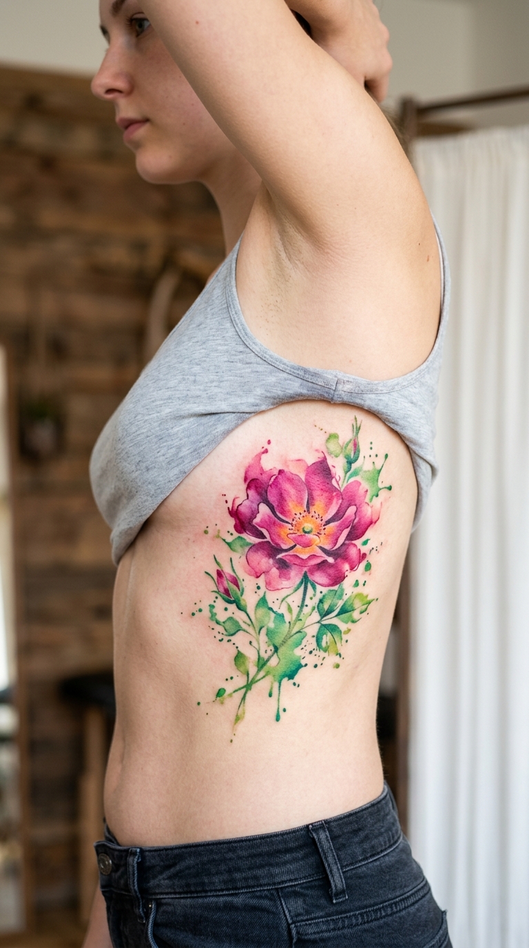 Wildrose als Aquarell Tattoo Idee für die Rippen