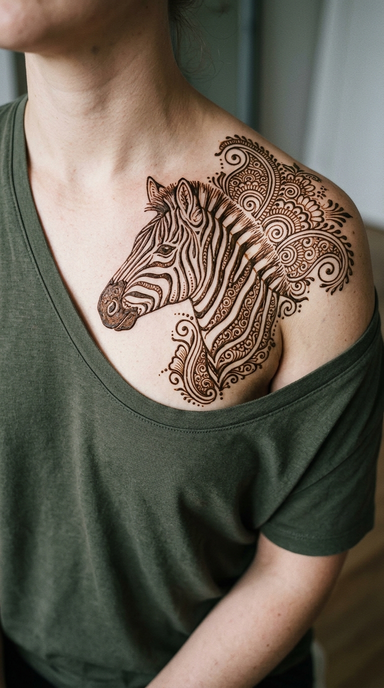 Zebra als elegantes Henna Tattoo für Brust & Oberkörper