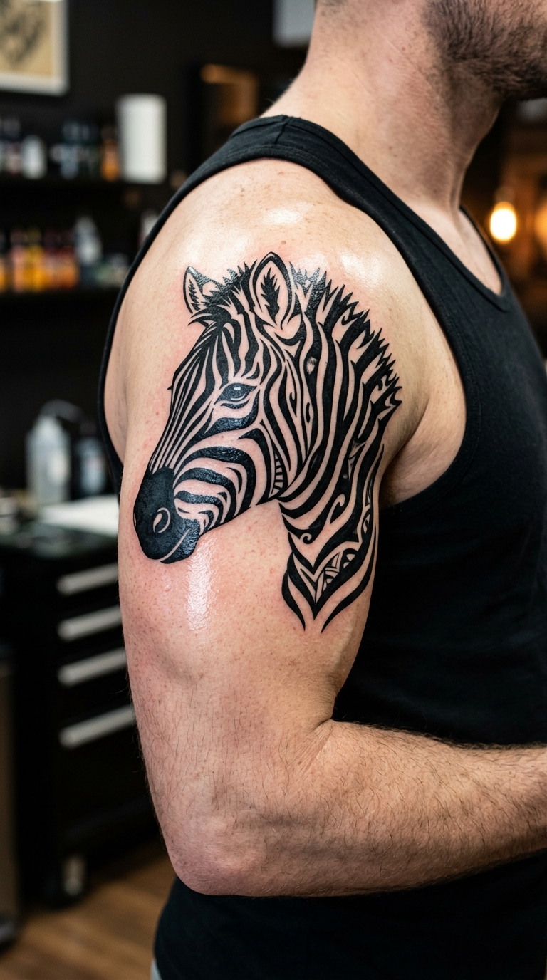 Zebra als Tribal Tattoo Idee für den Oberarm