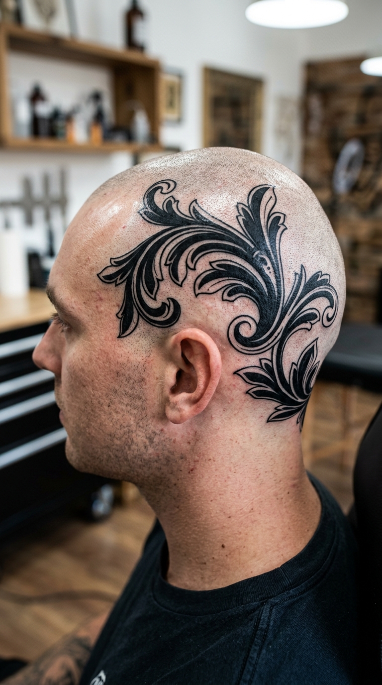 Akanthusblatt als Blackwork Tattoo für den Kopf